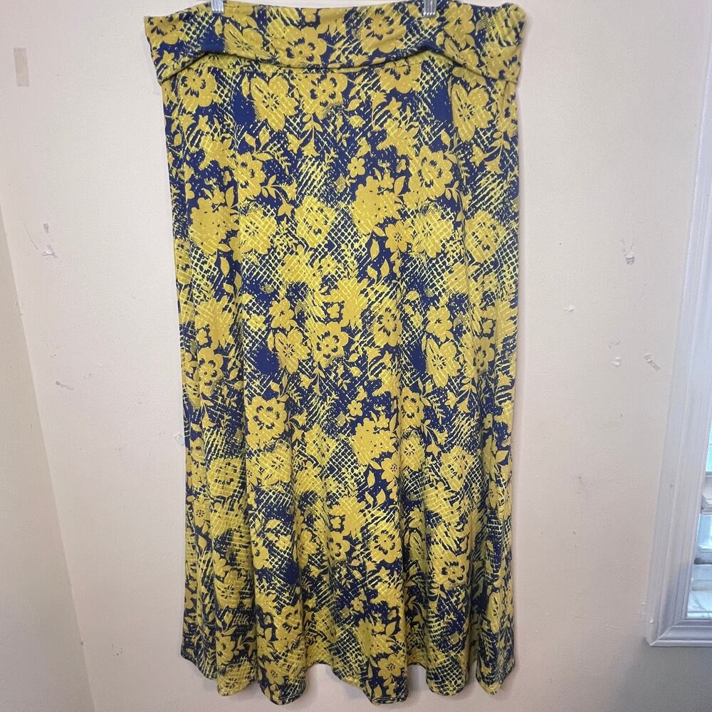 Lularoe Maxi Skirt Yellow and Blue Floral Size 3XL Fold Over Waist